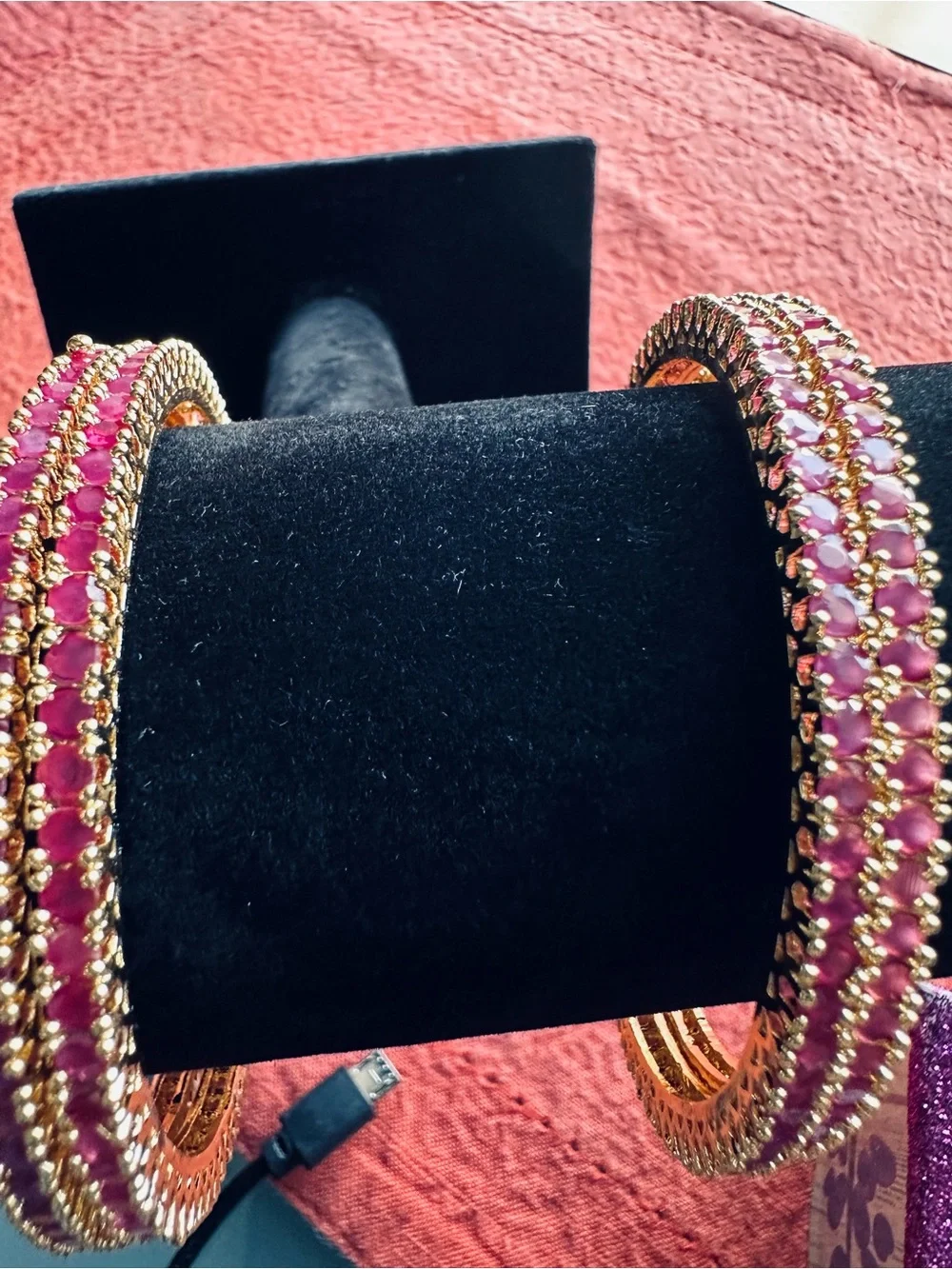 Gold-Tone Pink Stone Bangle Bracelets - Women Jewelry 2.8 size